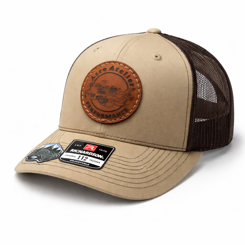 R112 Khaki/Coffee Hat – Aero Atelier Performance Logo Saddle Stain / Brown Stitching