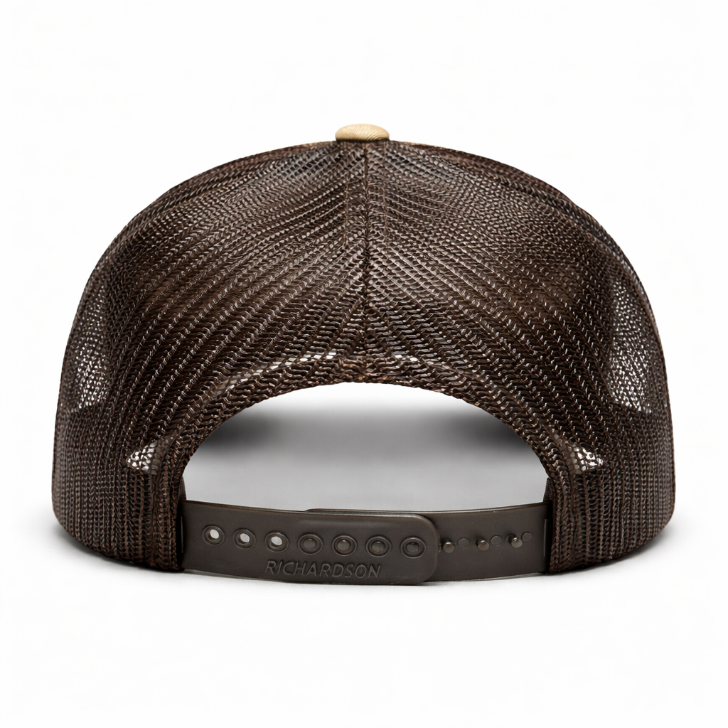 R112 Khaki/Coffee Hat – Aero Atelier Performance Logo Saddle Stain / Brown Stitching
