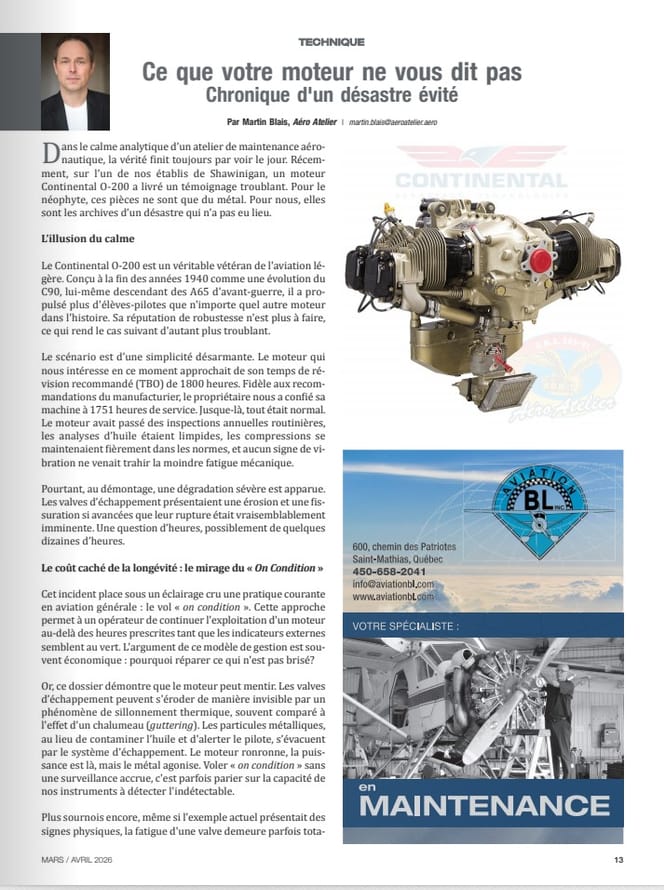 Une belle collaboration d’Aéro Atelier avec le Magazine Aviation qui raconte comment l’inspection d’un moteur Continental O-200 a permis de révéler une dégradation critique invisible