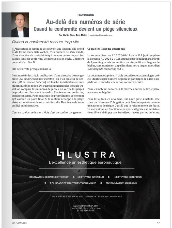 Une nouvelle collaboration d'Aéro Atelier avec le Magazine Aviation démontre comment la confiance aveugle envers les documents de conformité peut masquer des défaillances mécaniques graves.